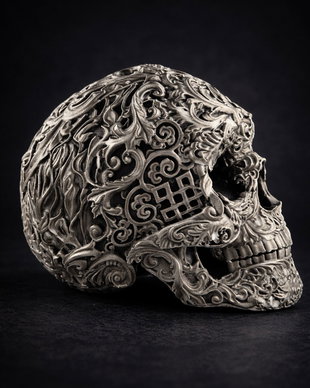 Decorațiune Premium Craniu Uman - Statuetă Gotică Argintie (Life Size)