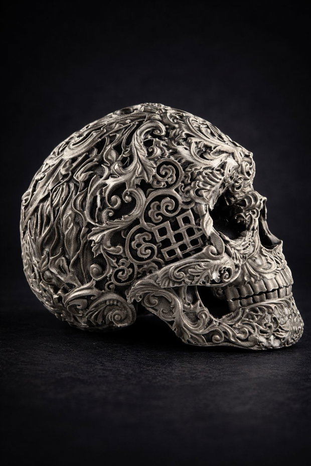 Decorațiune Premium Craniu Uman - Statuetă Gotică Argintie (Life Size)
