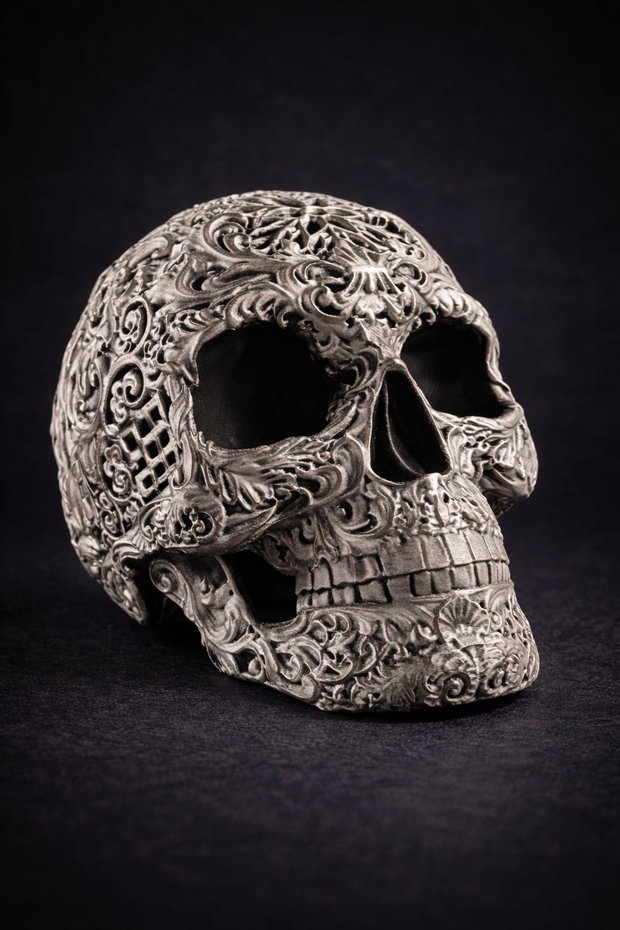 Decorațiune Premium Craniu Uman - Statuetă Gotică Argintie (Life Size)