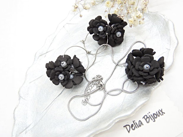 Set bijuterii cu flori negre (cod1380)