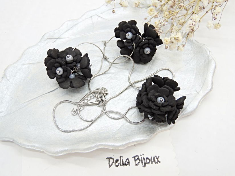 Set bijuterii cu flori negre (cod1380)