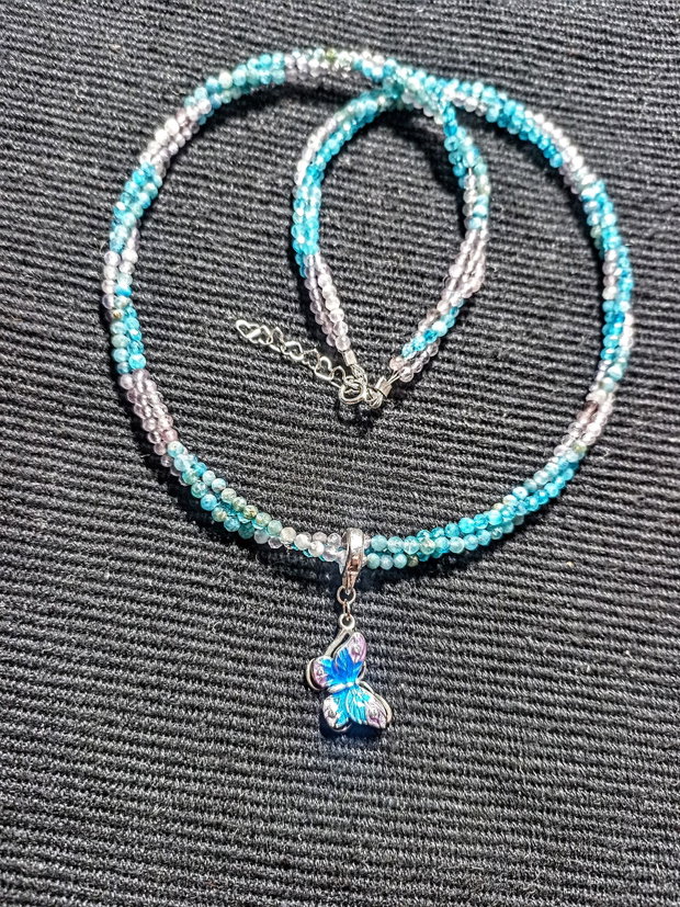 Colier argint X3 apatit calcedonie ametist charm argint emeilat fluture boho chic trendy - Transport gratuit