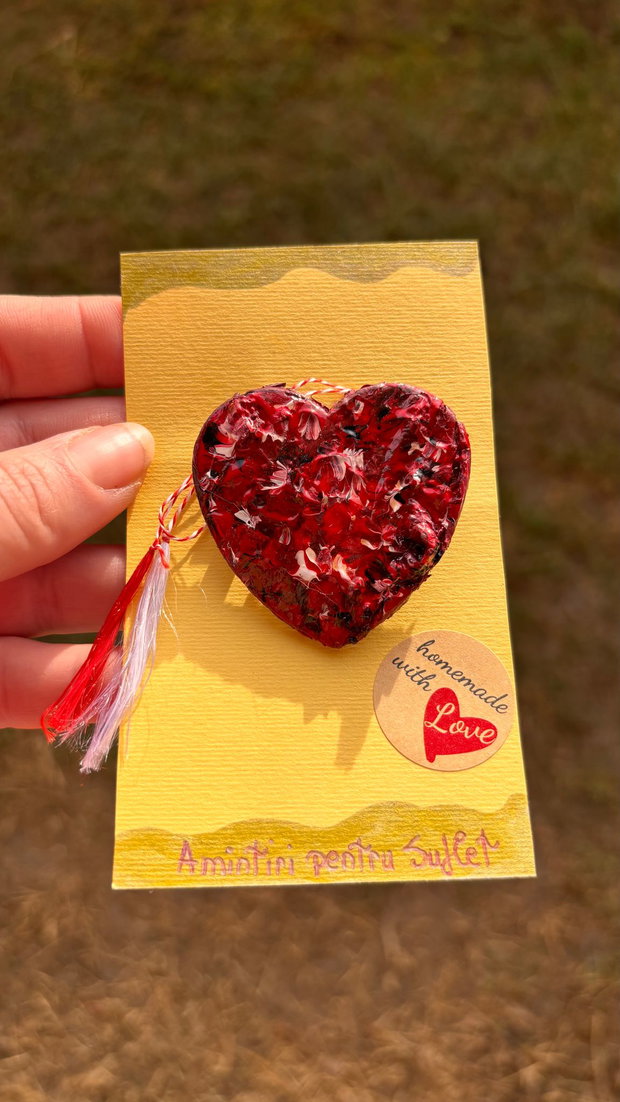 Mărțișor Artizanal / Handmade Inimă Pictată pe Scoarță de Copac