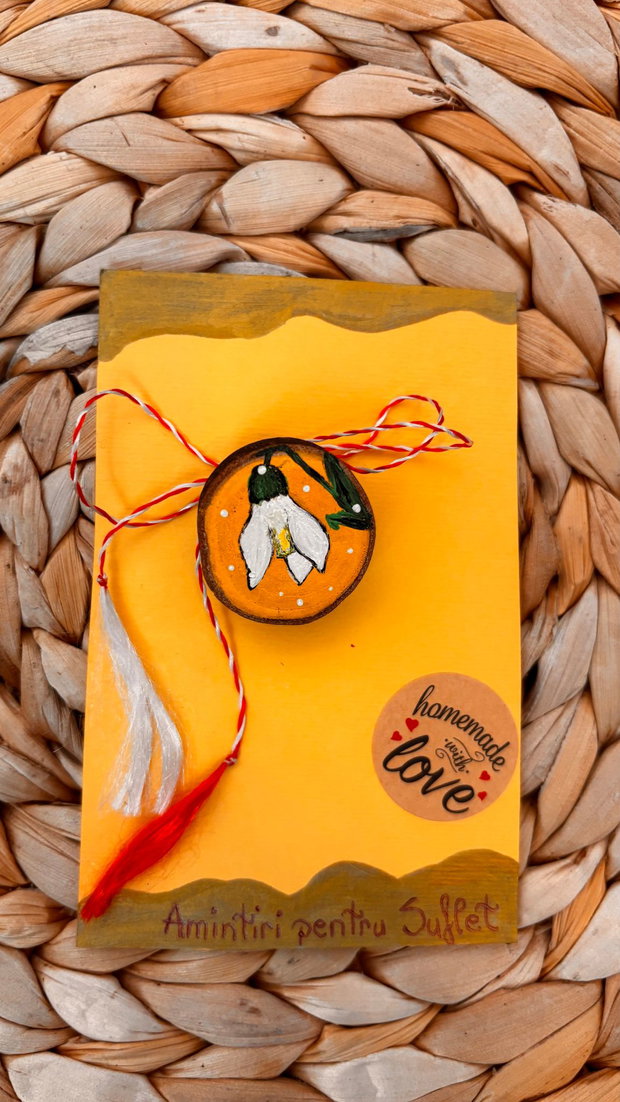 Broșă Mărțișor Pictată Manual pe Lemn Ghiocel / Handmade
