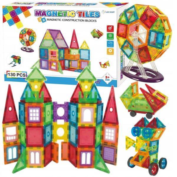 Set de constructie magnetica pentru copii, 130 piese colorate cu magneti din neodim, piese geometrice 3D educative STEM, blocuri magnetice sigure din plastic ABS