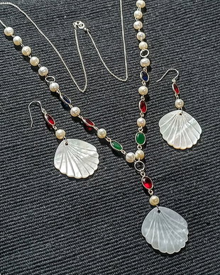 Set argint perle naturale de cultura calcedonie conectori argint sidef gravat evantai lant argint colier lung cercei boho chic trendy