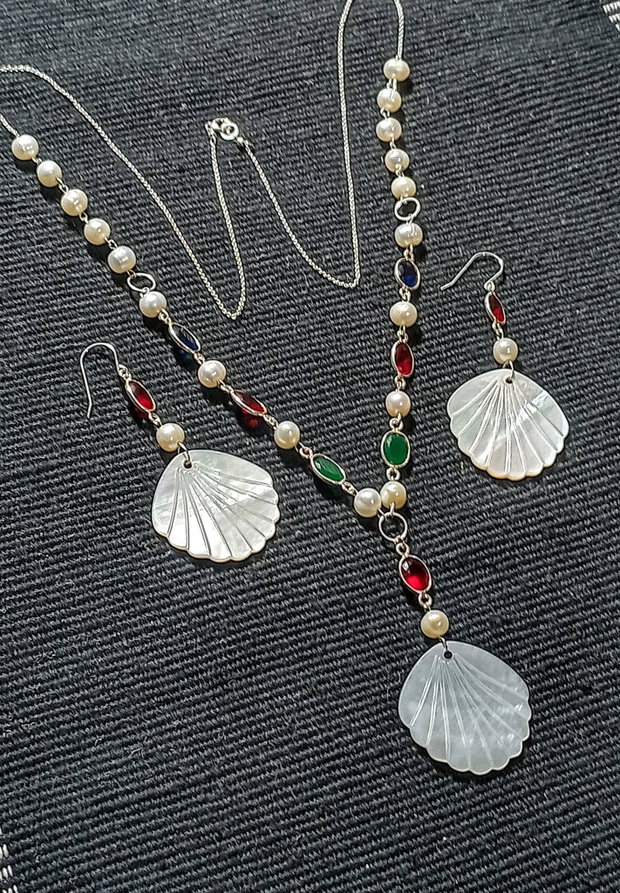 Set argint perle naturale de cultura calcedonie conectori argint sidef gravat evantai lant argint colier lung cercei boho chic trendy