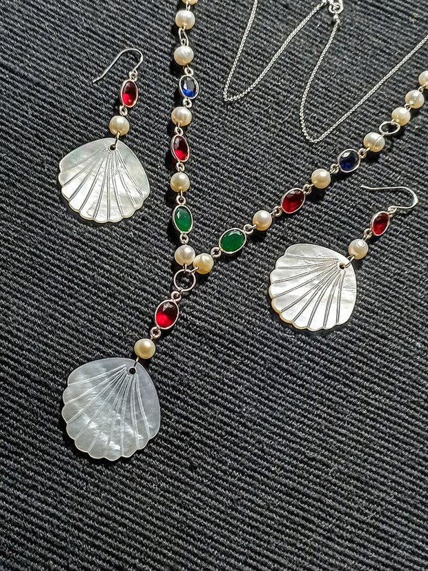 Set argint perle naturale de cultura calcedonie conectori argint sidef gravat evantai lant argint colier lung cercei boho chic trendy