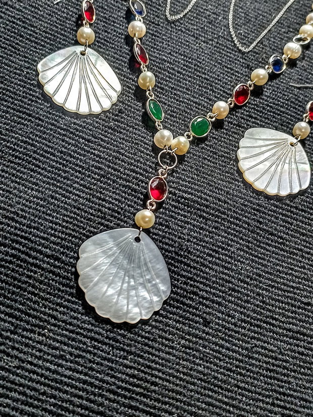 Set argint perle naturale de cultura calcedonie conectori argint sidef gravat evantai lant argint colier lung cercei boho chic trendy