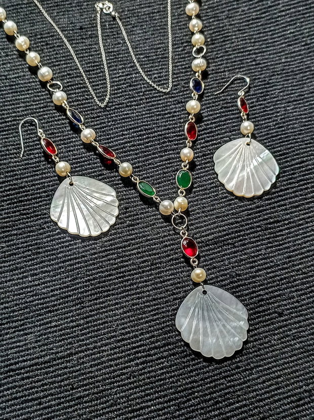 Set argint perle naturale de cultura calcedonie conectori argint sidef gravat evantai lant argint colier lung cercei boho chic trendy