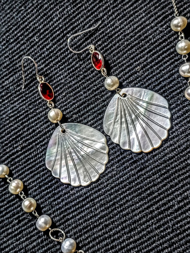 Set argint perle naturale de cultura calcedonie conectori argint sidef gravat evantai lant argint colier lung cercei boho chic trendy
