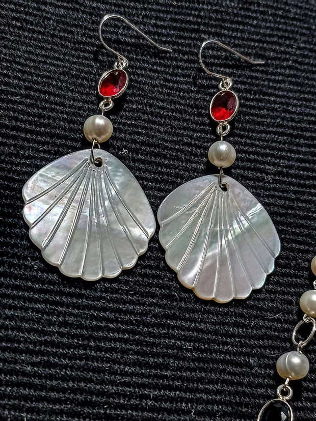 Set argint perle naturale de cultura calcedonie conectori argint sidef gravat evantai lant argint colier lung cercei boho chic trendy
