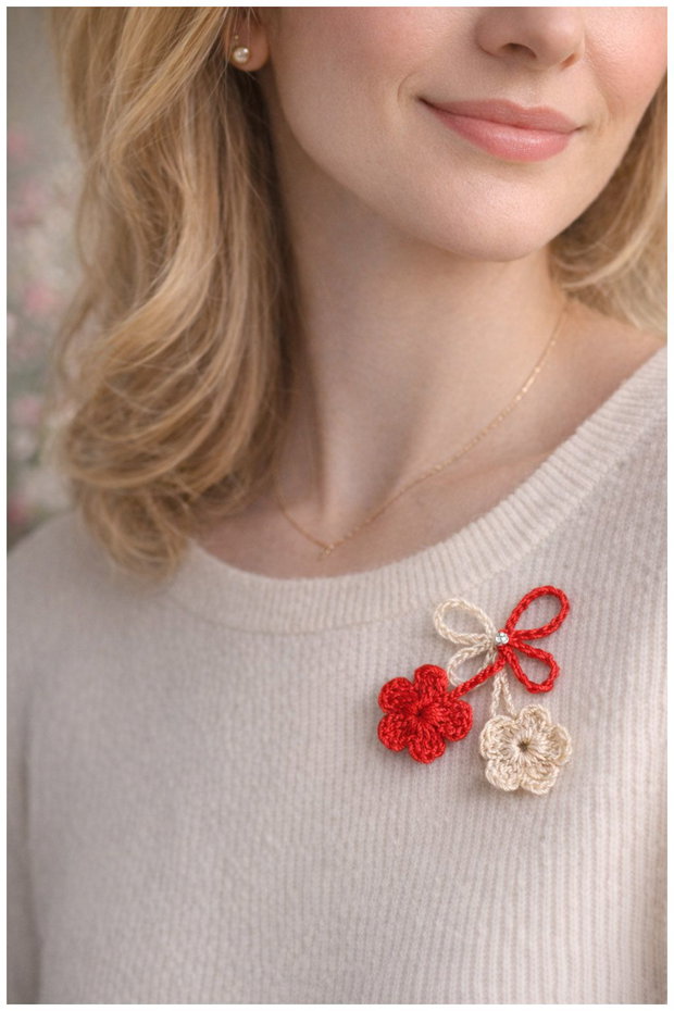 Martisor traditional crosetat cu flori albe si rosii