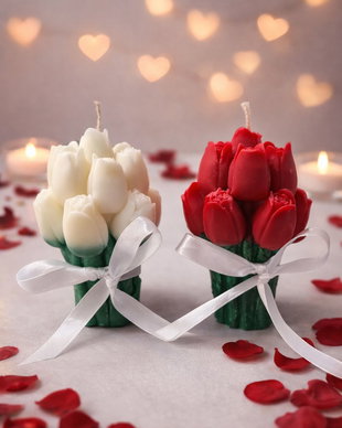 Blanc & Rouge Love Set, 2 lumanari buchet lalele din ceara de soia 1+1 GRATIS