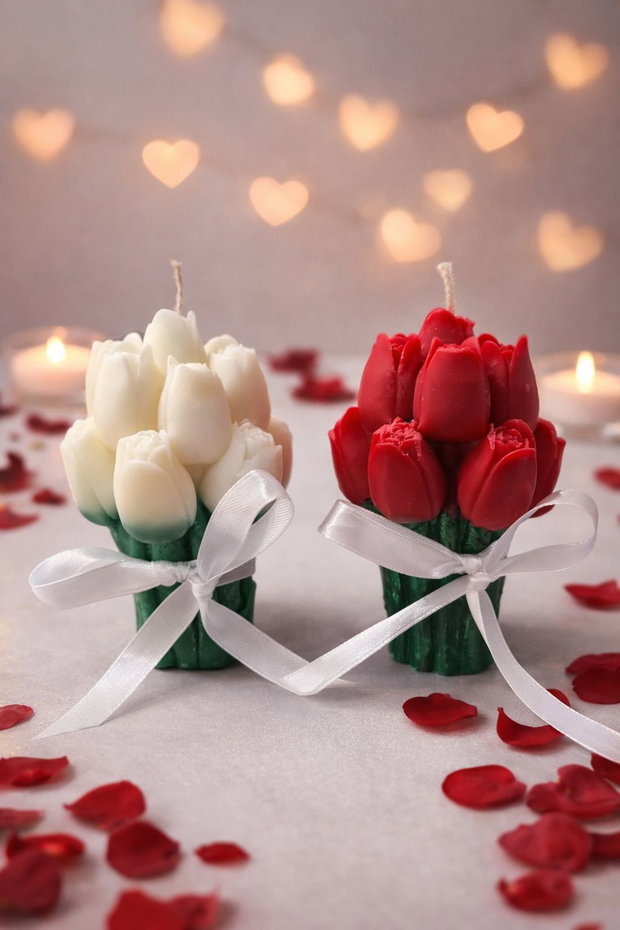 Blanc & Rouge Love Set, 2 lumanari buchet lalele din ceara de soia 1+1 GRATIS