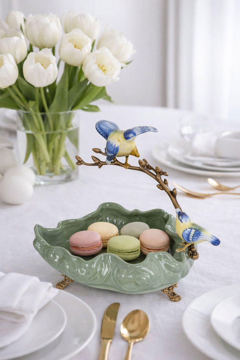 Fructiera Craquelle din portelan cu pasarele