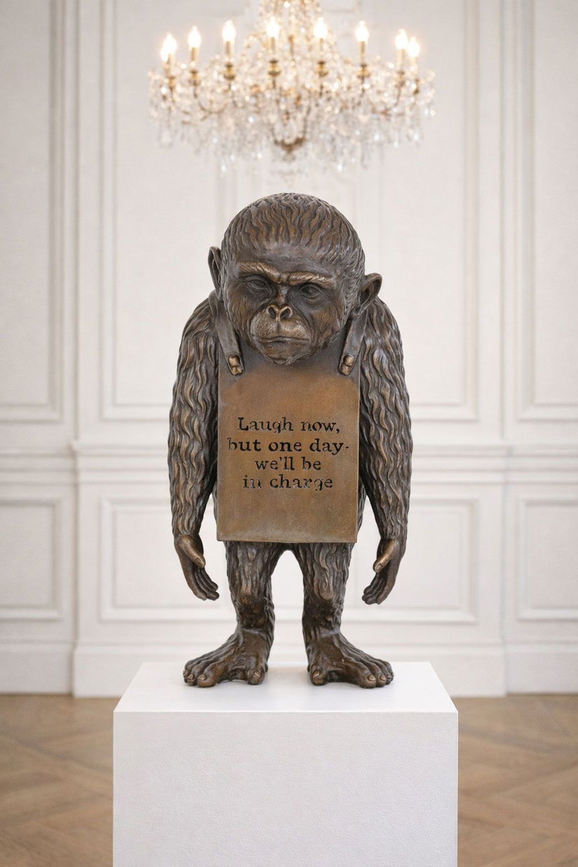 Maimuta-statueta din bronz cu soclu din marmura