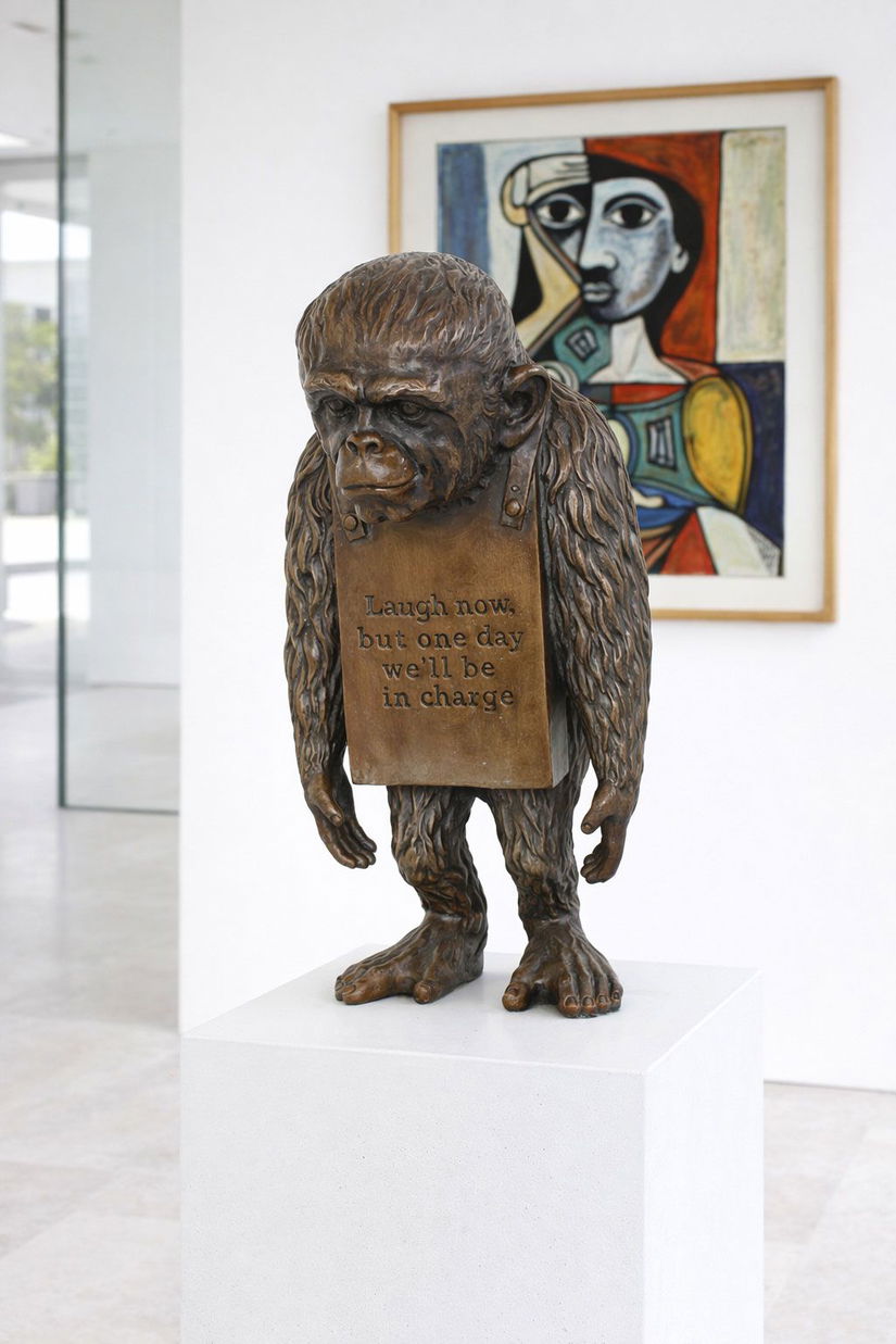 Maimuta-statueta din bronz cu soclu din marmura