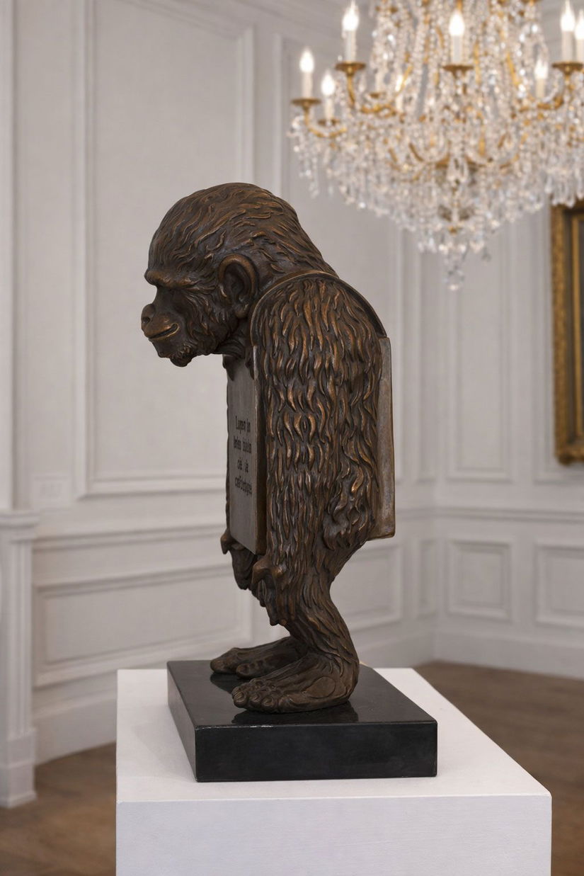 Maimuta-statueta din bronz cu soclu din marmura