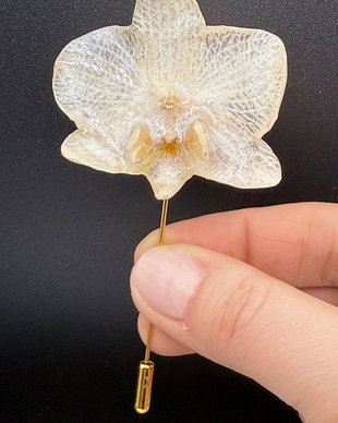 Broșă Artistică cu Floare de Orhidee Naturală Alba  Rășină UV
