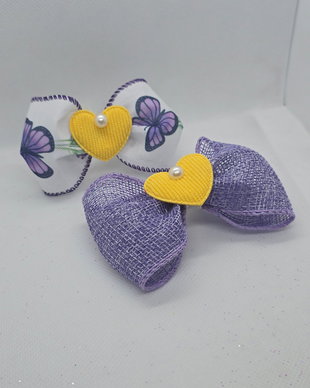 Set 2 fundițe lila cu inimă galbenă  accesoriu păr handmade