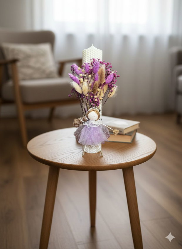 Lumânare de botez din ceară naturală decorată cu flori uscate