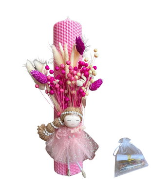 Lumânare de botez din ceară naturală, decorată cu flori uscate+sticluță cu mirodenii pentru baița