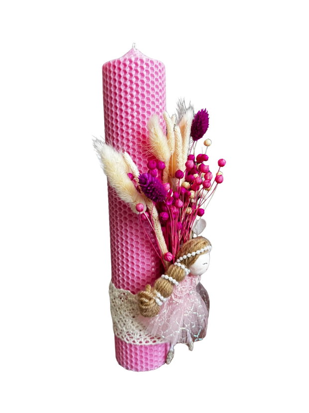 Lumânare de botez din ceară naturală, decorată cu flori uscate+sticluță cu mirodenii pentru baița