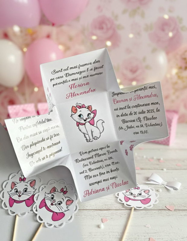 Invitații botez fetițe Pisicuța Marie