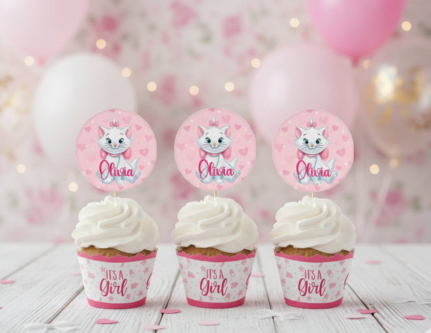 Toppere baby Pisicuța Marie personalizate  botez și aniversări fetițe