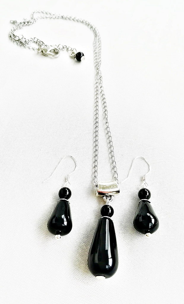 set cercei argint 925 si pandant cu onix negru lacrima