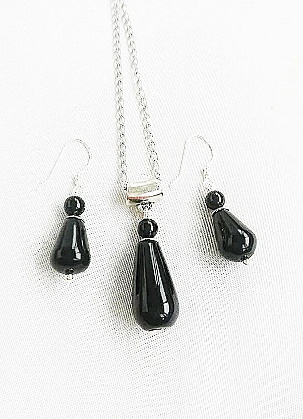 set cercei argint 925 si pandant cu onix negru lacrima
