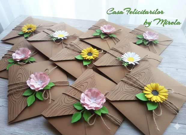 Plicuri craft embosate cu flori și frunze