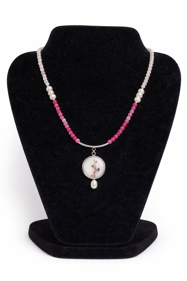 Colier "Fuchsia Sakura" din fragment de portelan Limoges, perla de cultura, agate, cuart si argint
