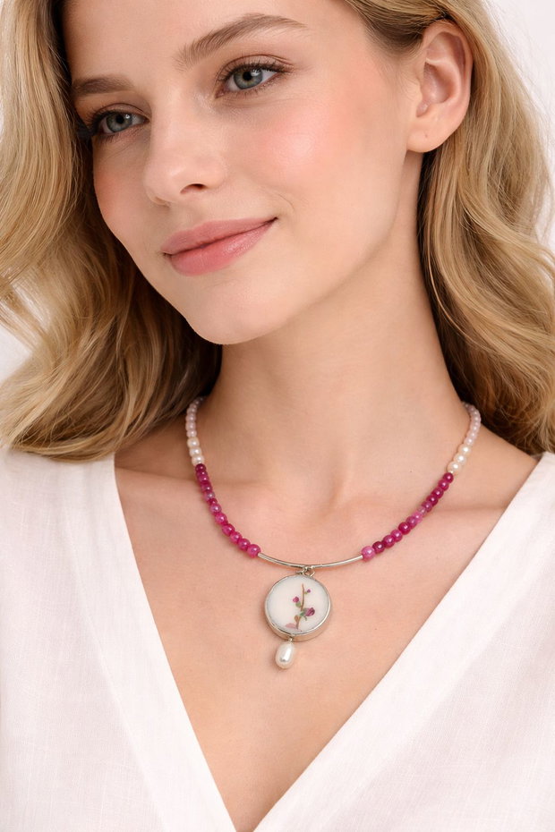Colier "Fuchsia Sakura" din fragment de portelan Limoges, perla de cultura, agate, cuart si argint