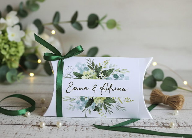 Cutii mărturii nuntă sau botez cu imprimeu vegetal
