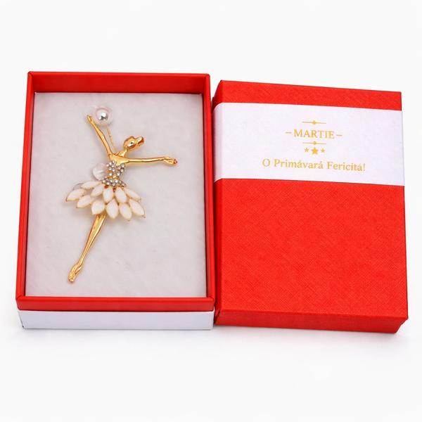Broșă Elegantă Balerină Aurie cu Detalii Strălucitoare &ndash; Mărțișor &ndash; Accesoriu Delicat de Primăvară