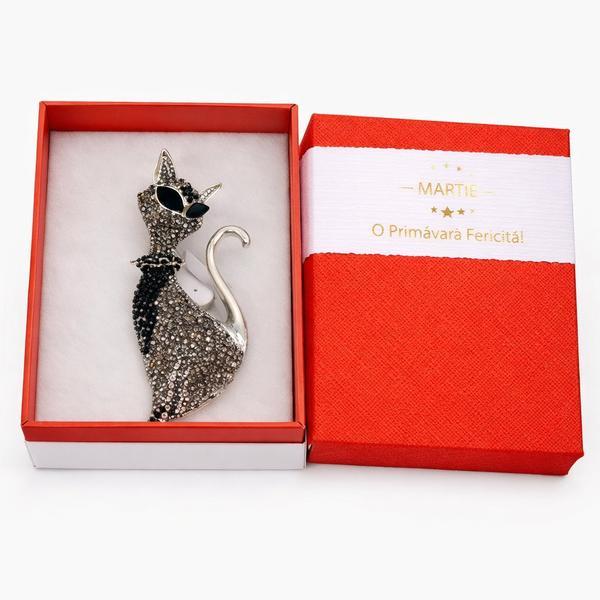 Broșă Elegantă Pisică Neagră cu Cristale &ndash; Mărțișor &ndash; Accesoriu de Primăvară