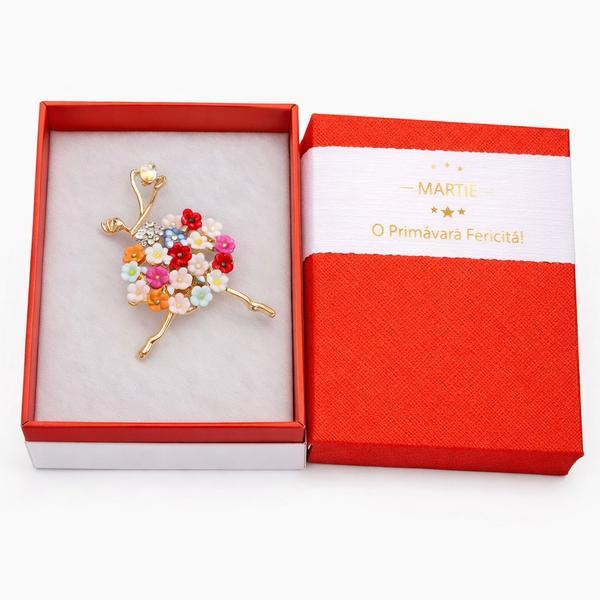 Broșă Elegantă Balerină cu Flori Multicolore &ndash; Mărțișor &ndash; Accesoriu Delicat de Primăvară