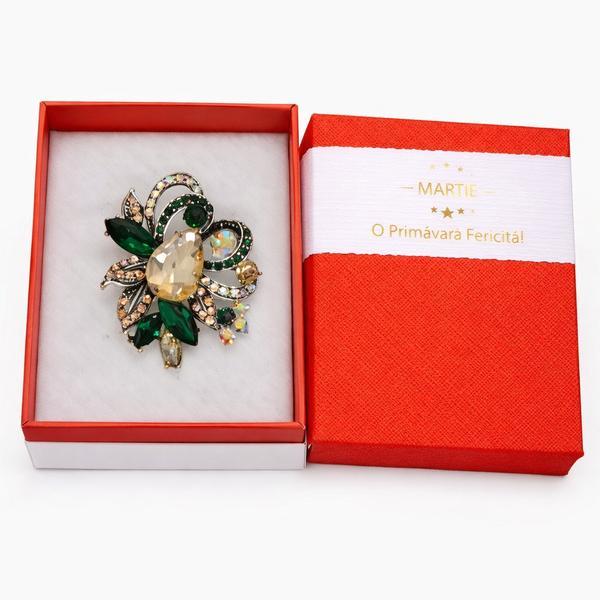 Broșă Elegantă Floare Verde cu Cristale Multicolore &ndash; Mărțișor &ndash; Accesoriu de Primăvară