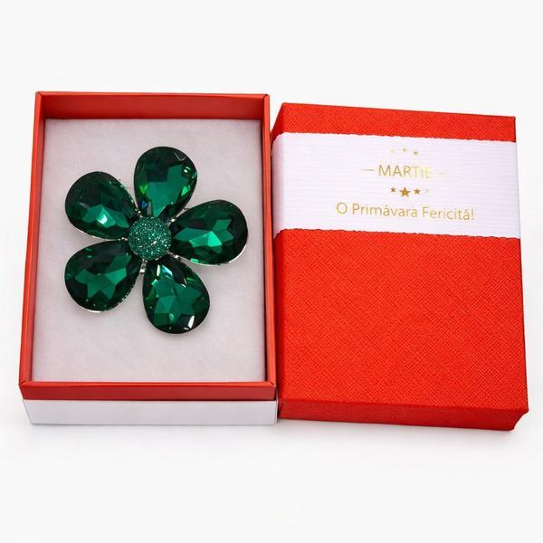 Broșă Elegantă Floare Verde cu Cristale &ndash; Mărțișor &ndash; Accesoriu Rafinat de Primăvară