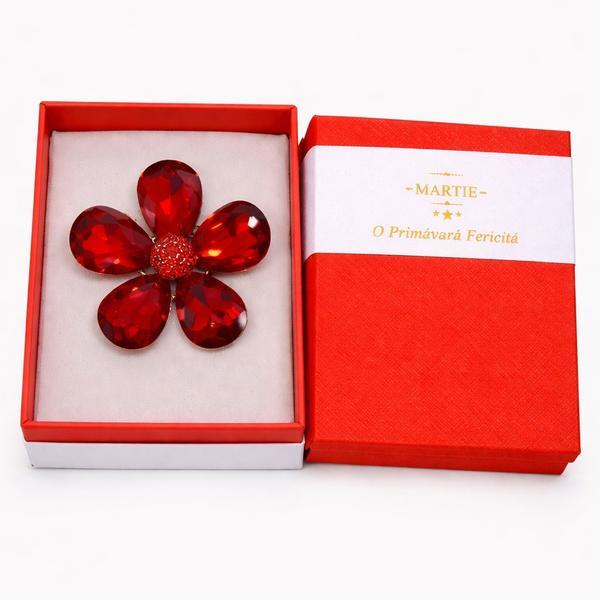 Broșă Elegantă Floare Roșie cu Cristale &ndash; Mărțișor &ndash; Accesoriu Rafinat de Primăvară