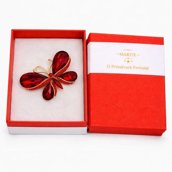 Broșă Elegantă Fluture Roșu cu Cristale &ndash; Mărțișor &ndash; Accesoriu de Primăvară