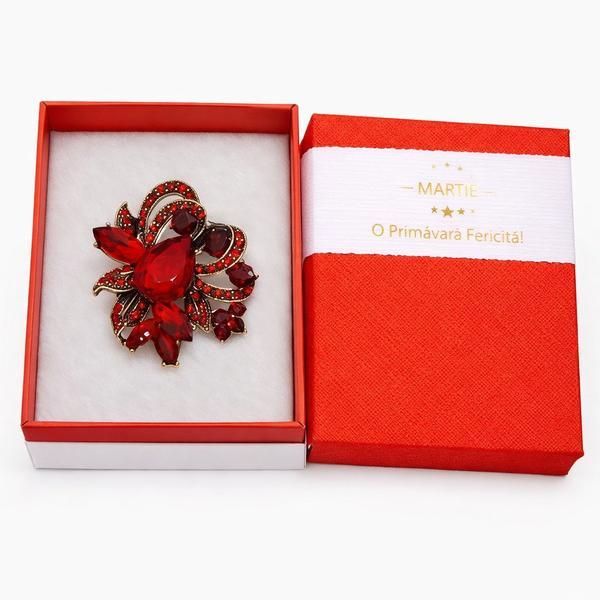 Broșă Elegantă Floare Roșie cu Cristale &ndash; Mărțișor &ndash; Accesoriu Statement de Primăvară