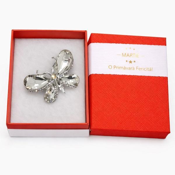 Broșă Elegantă Fluture Argintiu cu Cristale &ndash; Mărțișor &ndash; Accesoriu de Primăvară