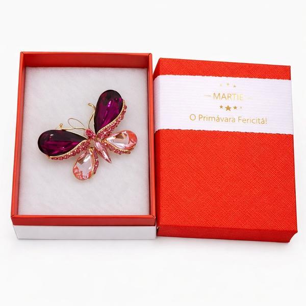Broșă Elegantă Fluture Roz cu Cristale &ndash; Mărțișor &ndash; Accesoriu de Primăvară