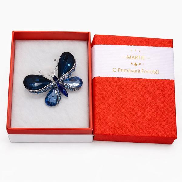Broșă Elegantă Fluture Albastru cu Cristale &ndash; Mărțișor &ndash; Accesoriu de Primăvară