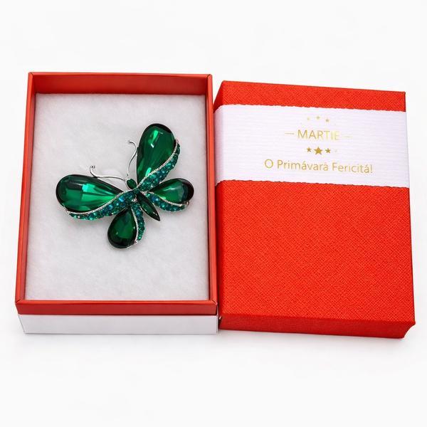 Broșă Elegantă Fluture Verde cu Cristale – Mărțișor – Accesoriu de Primăvară