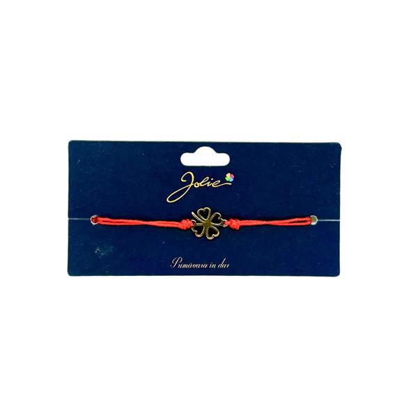 Brățară din inox auriu cu șnur roșu, model Trifoi cu patru foi , reglabilă