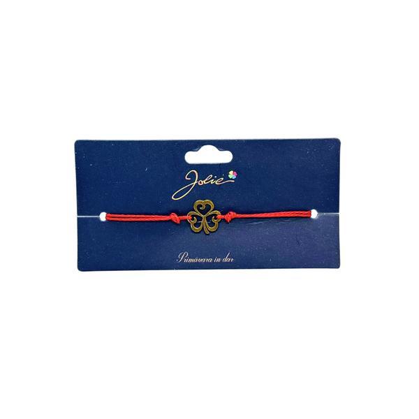 Brățară din inox auriu cu șnur roșu, model Trifoi cu Inimă, reglabilă
